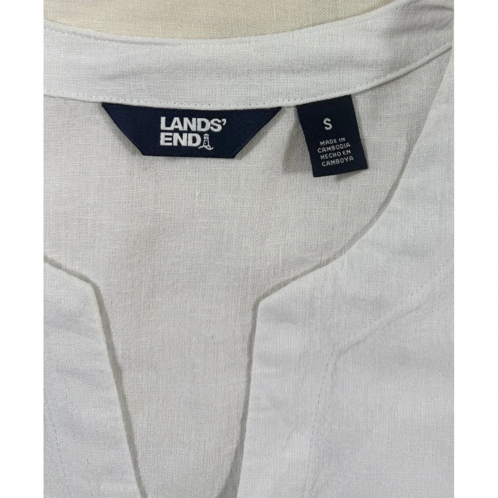 Lands' End White Linen Blend Split Neck Tunic Blouse S Coastal Resort Minimalist